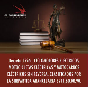 Decreto 1796 – CICLOMOTORES ELÉCTRICOS, MOTOCICLETAS ELÉCTRICAS Y MOTOCARROS ELÉCTRICOS SIN REVERSA, CLASIFICADOS POR LA SUBPARTIDA ARANCELARIA 8711.60.00.90.