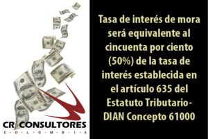 Tasa de interés de mora será equivalente al cincuenta por ciento (50%) de la tasa de interés establecida en el artículo 635 del Estatuto Tributario- DIAN Concepto 61000